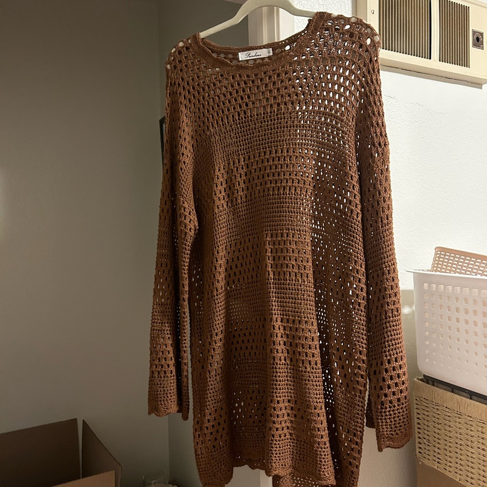 Prinbara Brown Crochet Cover Up Dress